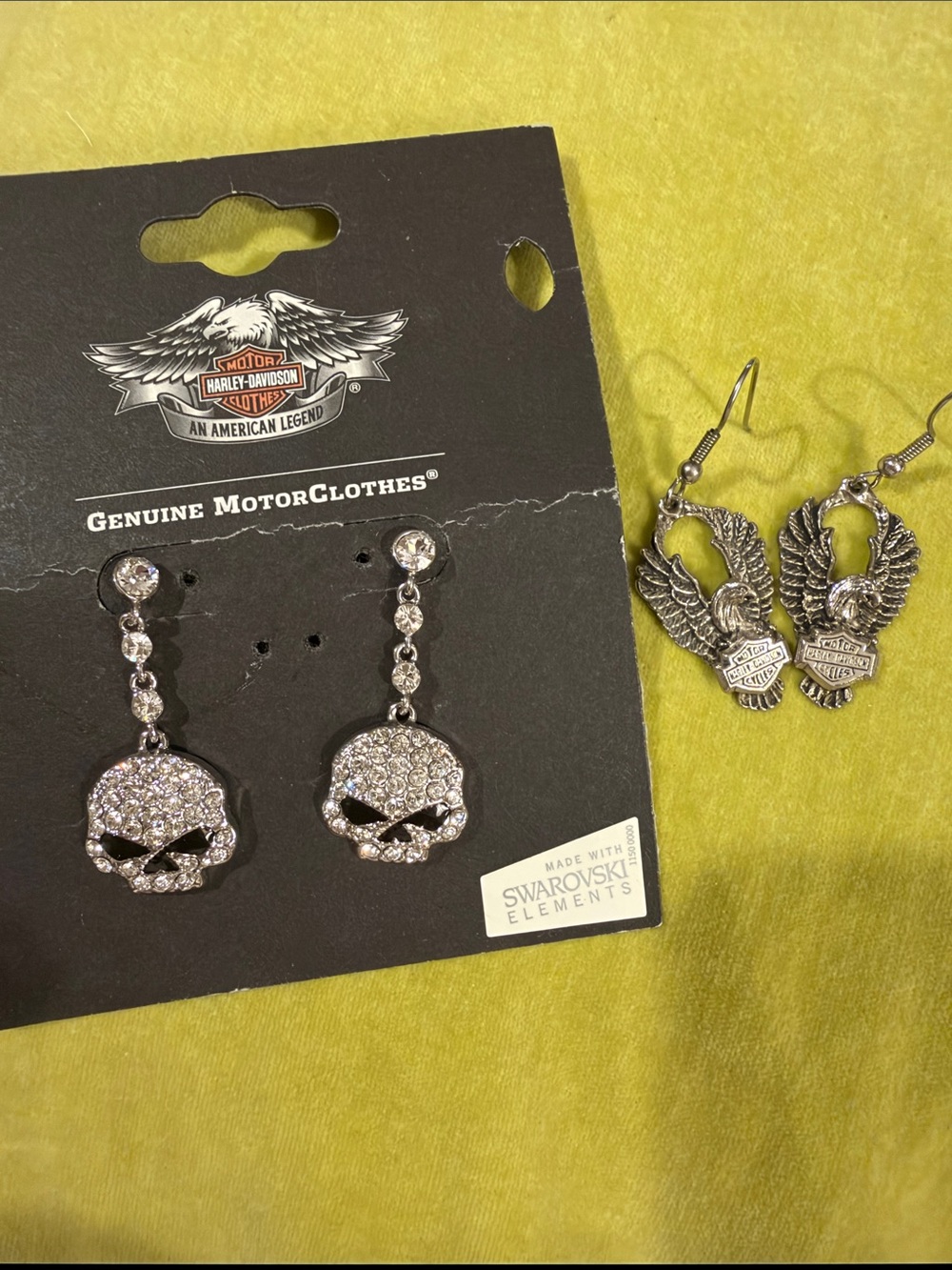 2 Pair Harley-Davidson Earrings- Swarovski Skull and Winged Eagle